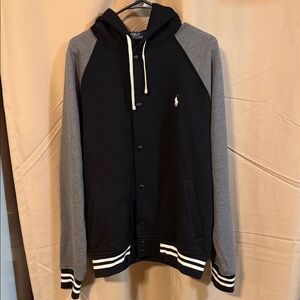 Polo by Ralph Lauren Black and Gray Fleece Hooded Baseball Jacket